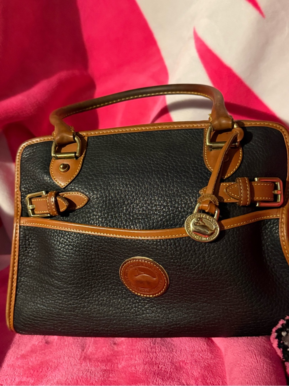 Dooney & Bourke Black Pebbled Leather Satchel with Brown Trim
